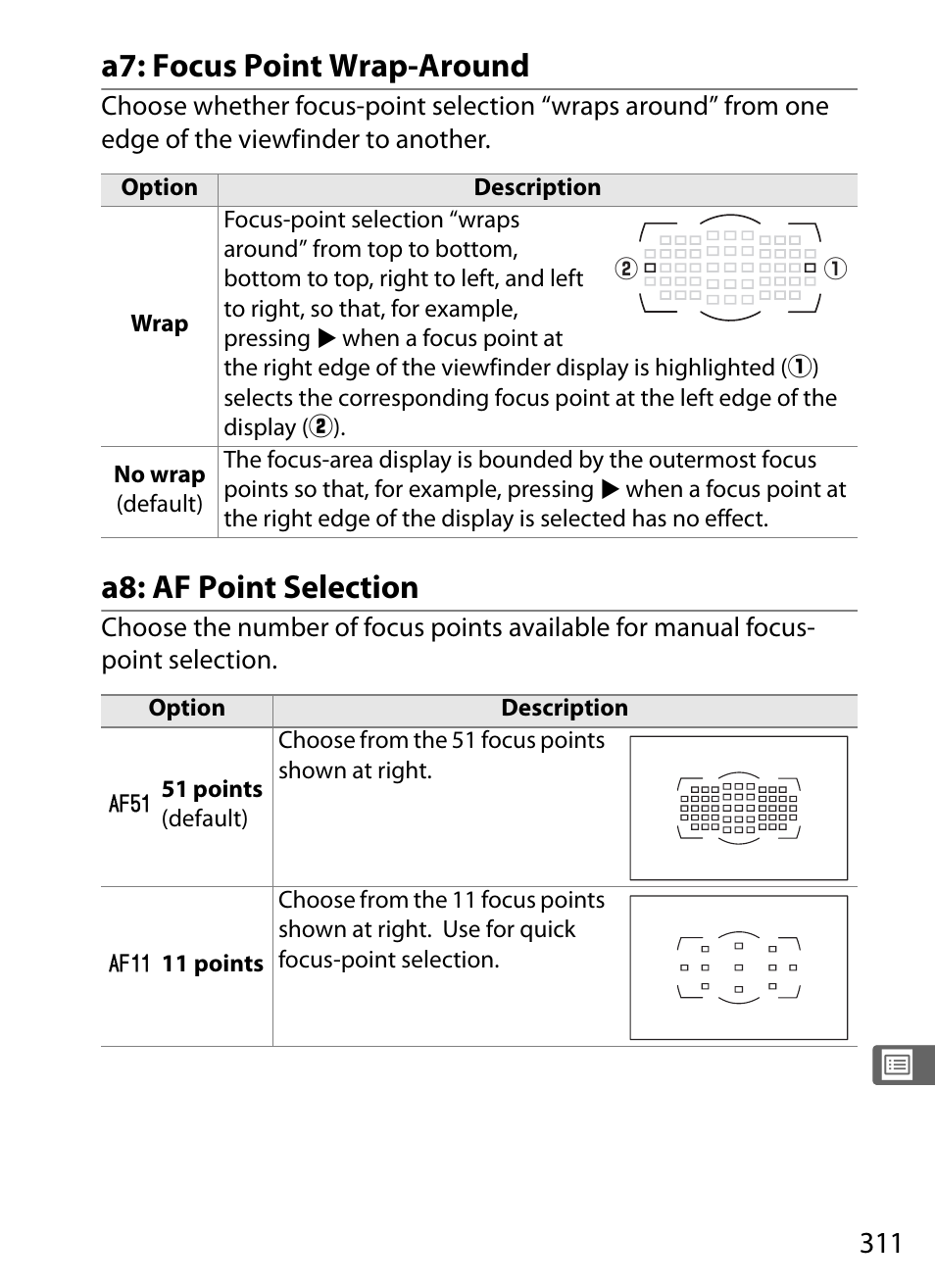 A7: focus point wrap-around, A8: af point selection | Nikon D3X User Manual | Page 337 / 476