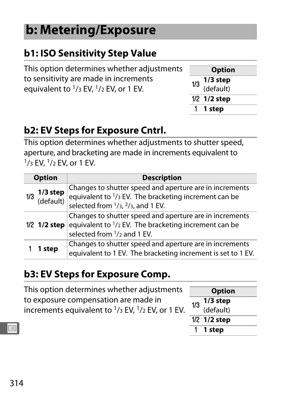 B: metering/exposure, B1: iso sensitivity step value, B2: ev steps for exposure cntrl | B3: ev steps for exposure comp | Nikon D3X User Manual | Page 340 / 476