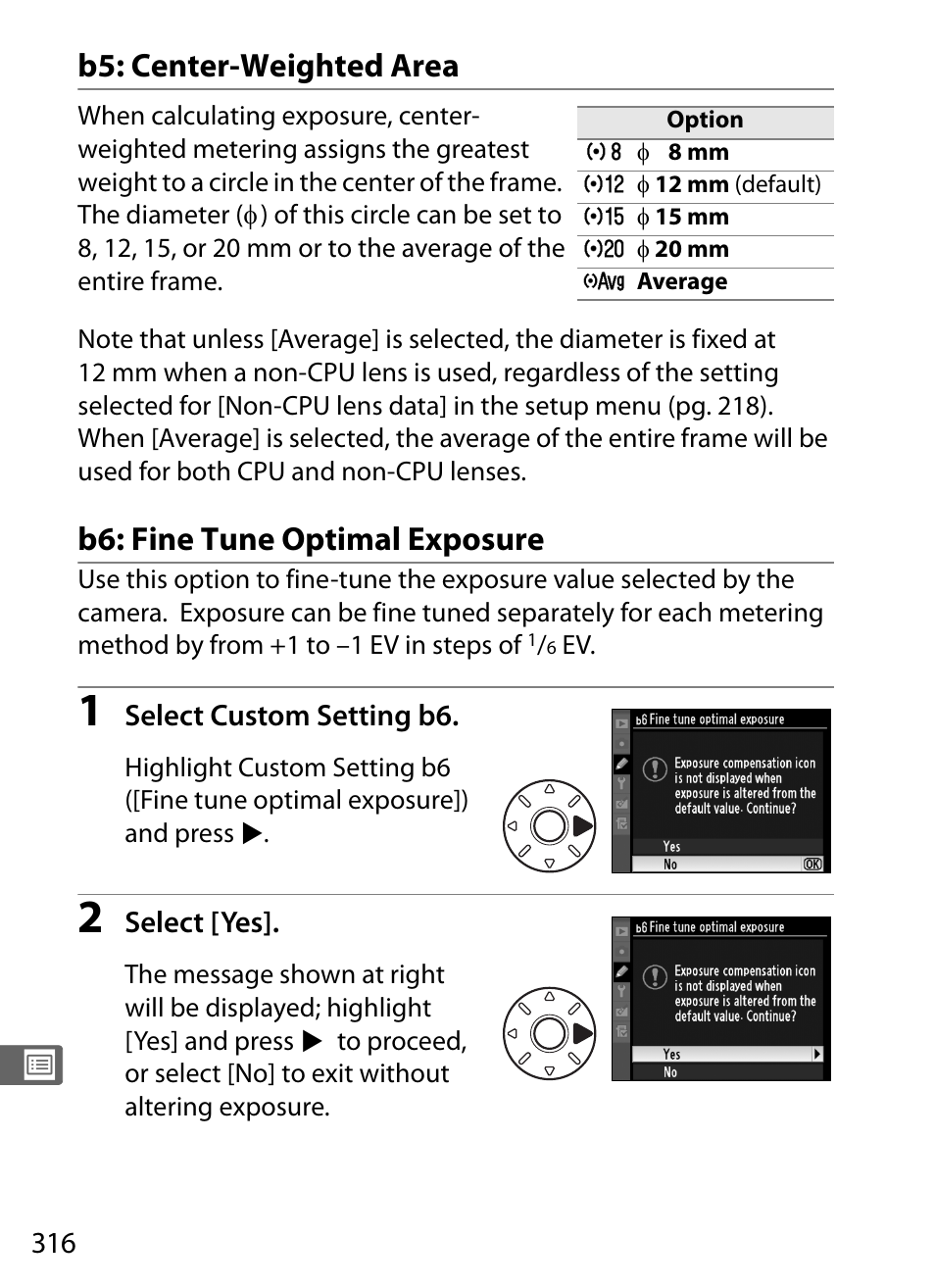 B5: center-weighted area, B6: fine tune optimal exposure | Nikon D3X User Manual | Page 342 / 476