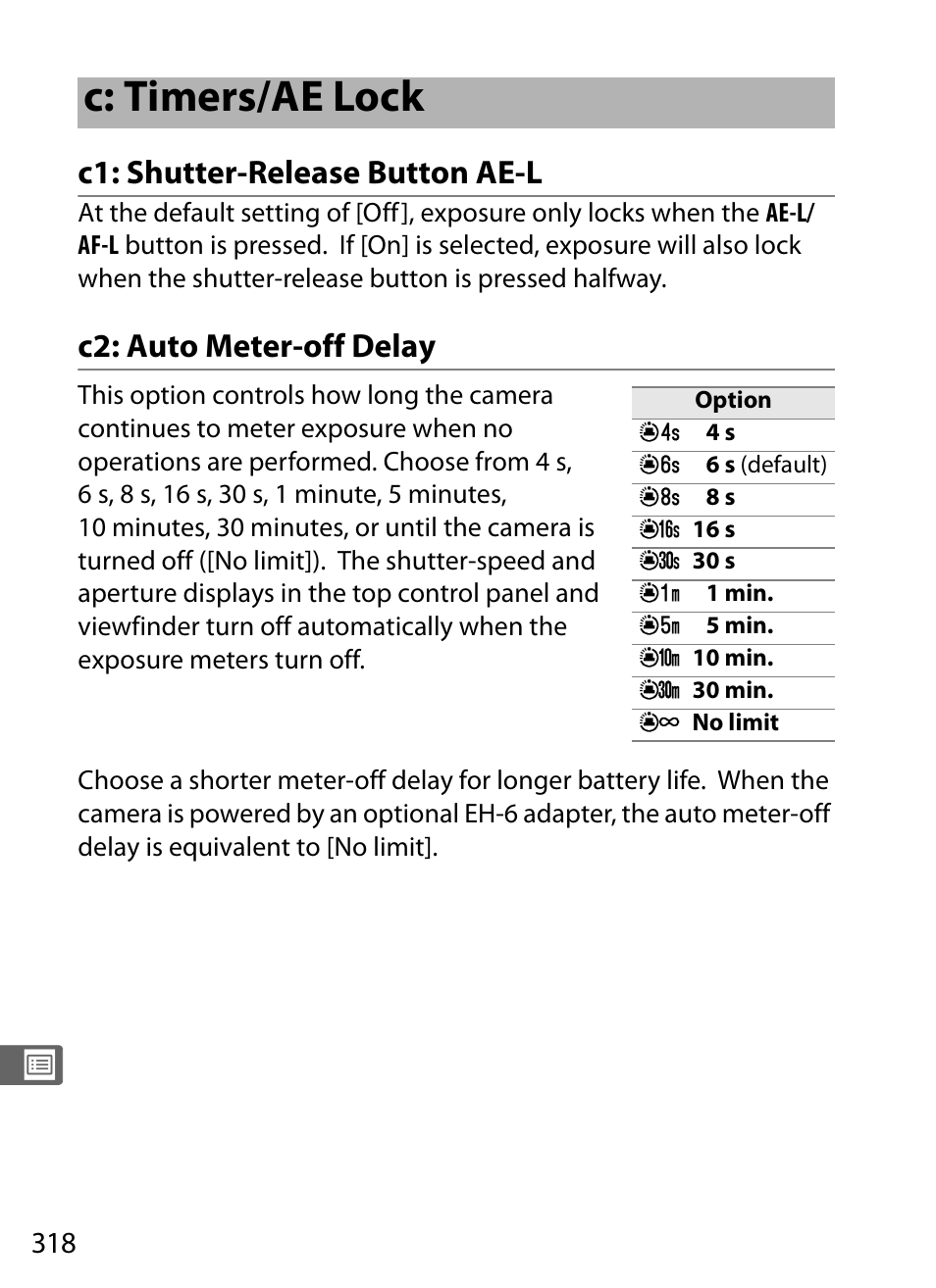 C: timers/ae lock, C1: shutter-release button ae-l, C2: auto meter-off delay | Nikon D3X User Manual | Page 344 / 476