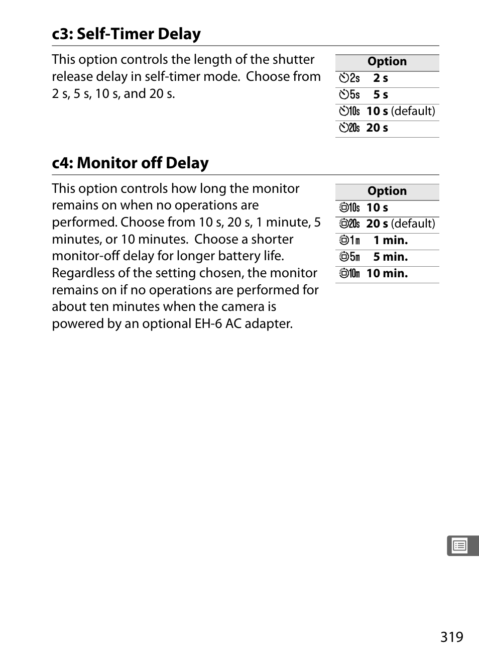 C3: self-timer delay, C4: monitor off delay, C3: self-timer delay c4: monitor off delay | Nikon D3X User Manual | Page 345 / 476