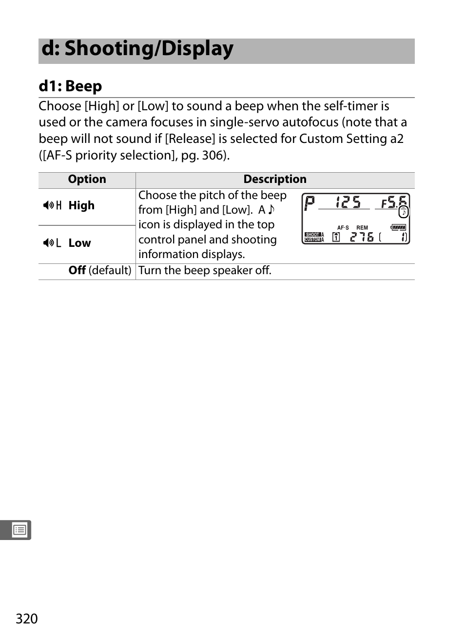 D: shooting/display, D1: beep | Nikon D3X User Manual | Page 346 / 476