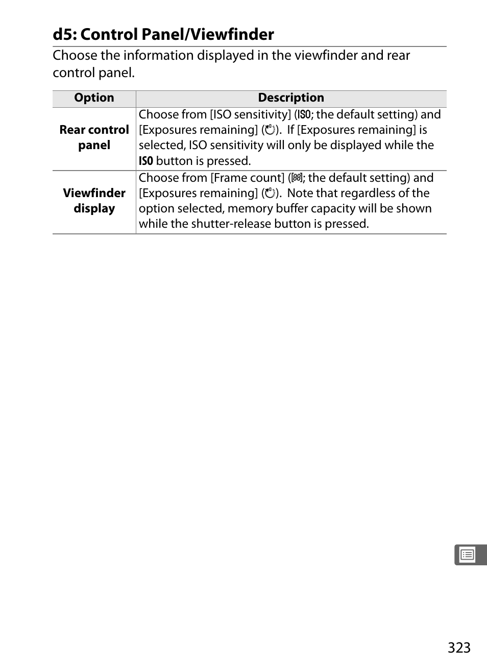 D5: control panel/viewfinder | Nikon D3X User Manual | Page 349 / 476