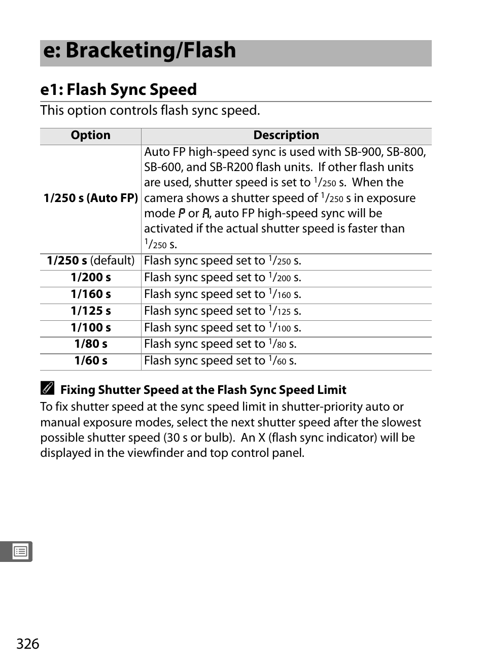 E: bracketing/flash, E1: flash sync speed, This option controls flash sync speed | Nikon D3X User Manual | Page 352 / 476