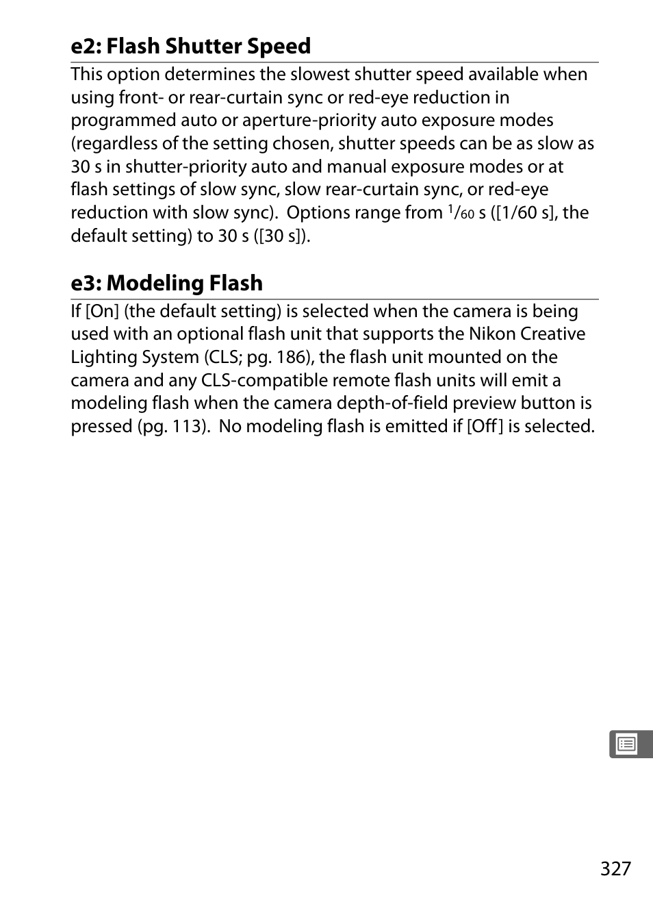 E2: flash shutter speed, E3: modeling flash | Nikon D3X User Manual | Page 353 / 476