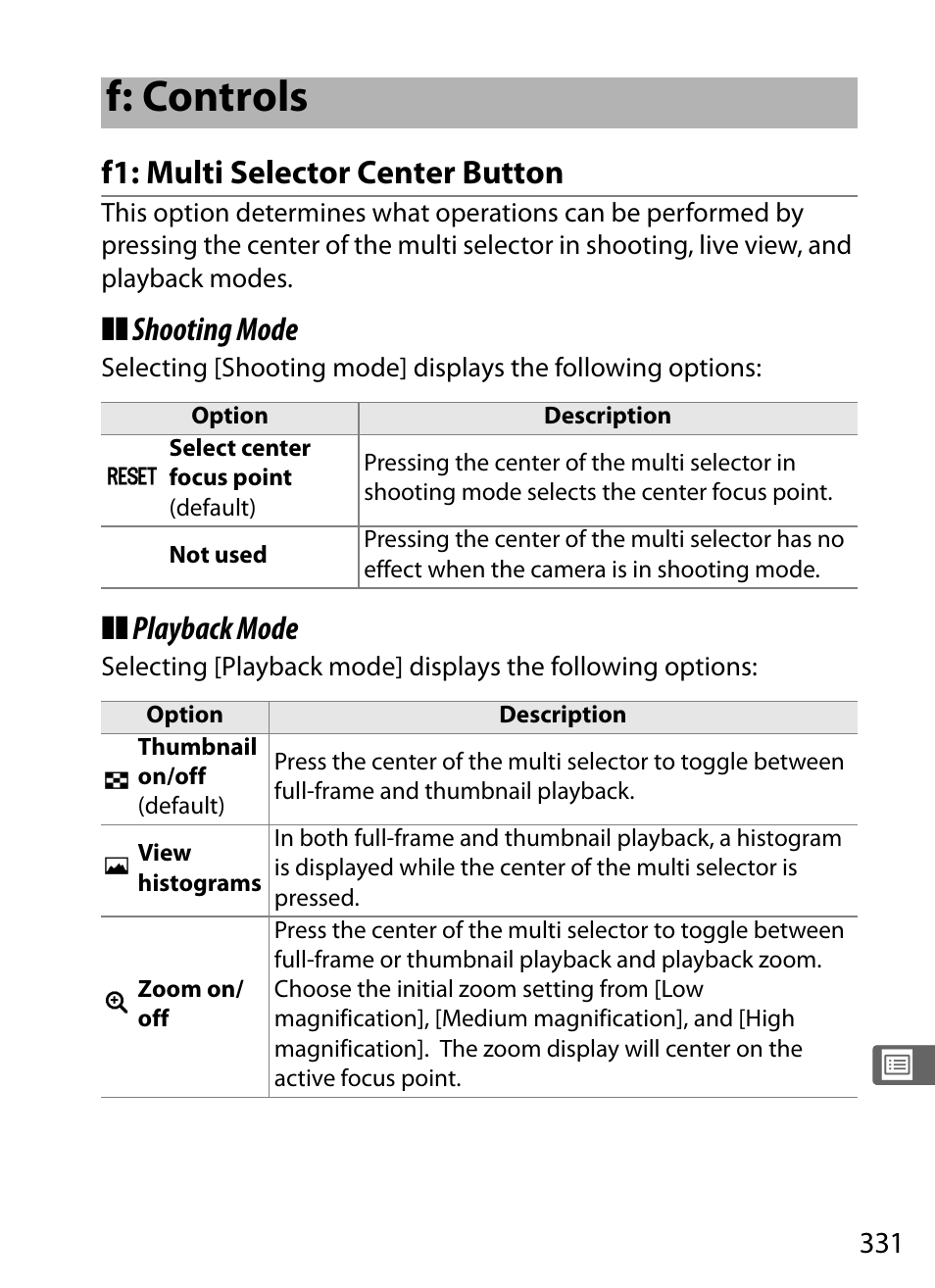 F: controls, F1: multi selector center button, Shooting mode | Playback mode | Nikon D3X User Manual | Page 357 / 476