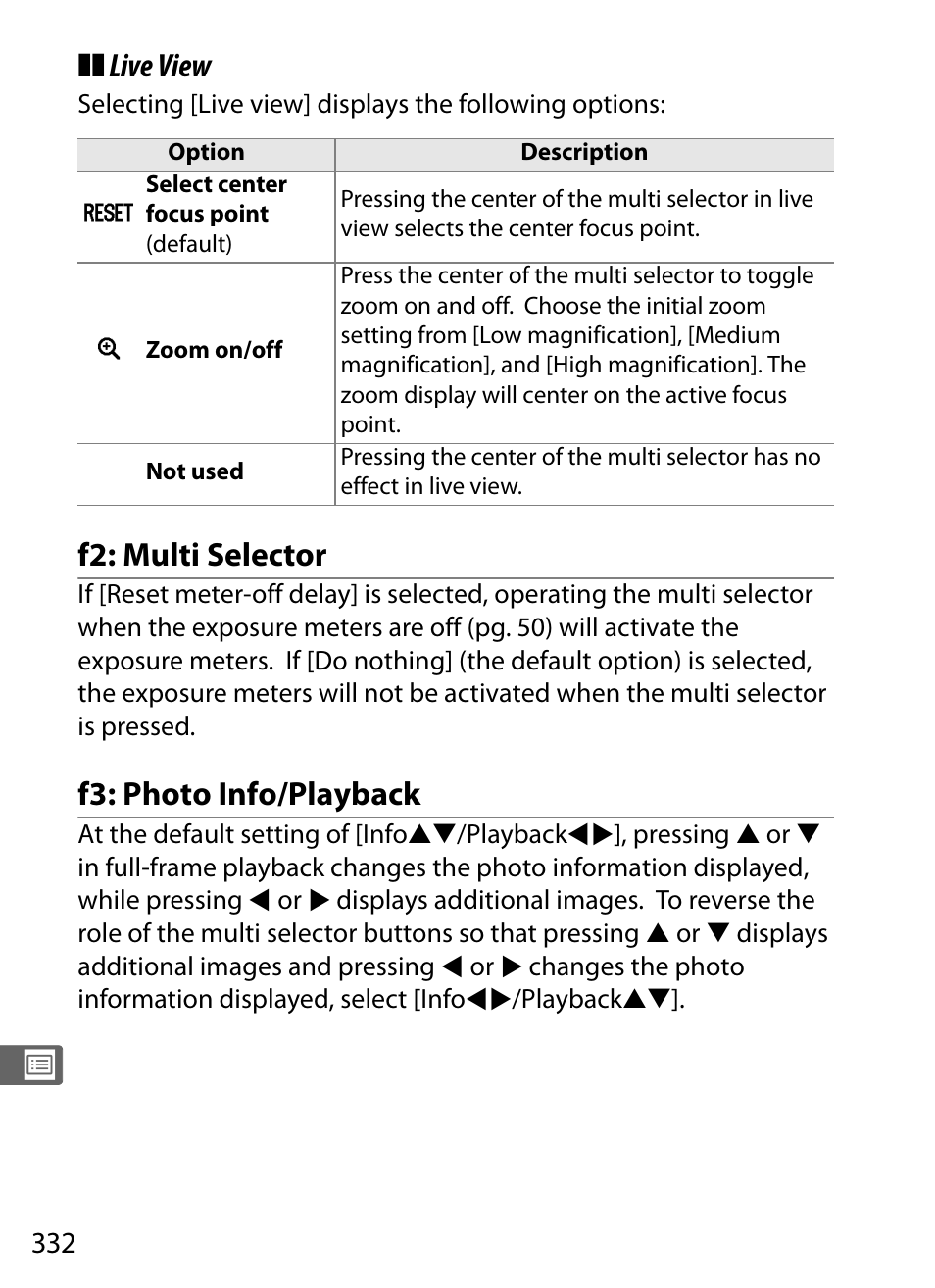 F2: multi selector, F3: photo info/playback, Live view | Nikon D3X User Manual | Page 358 / 476