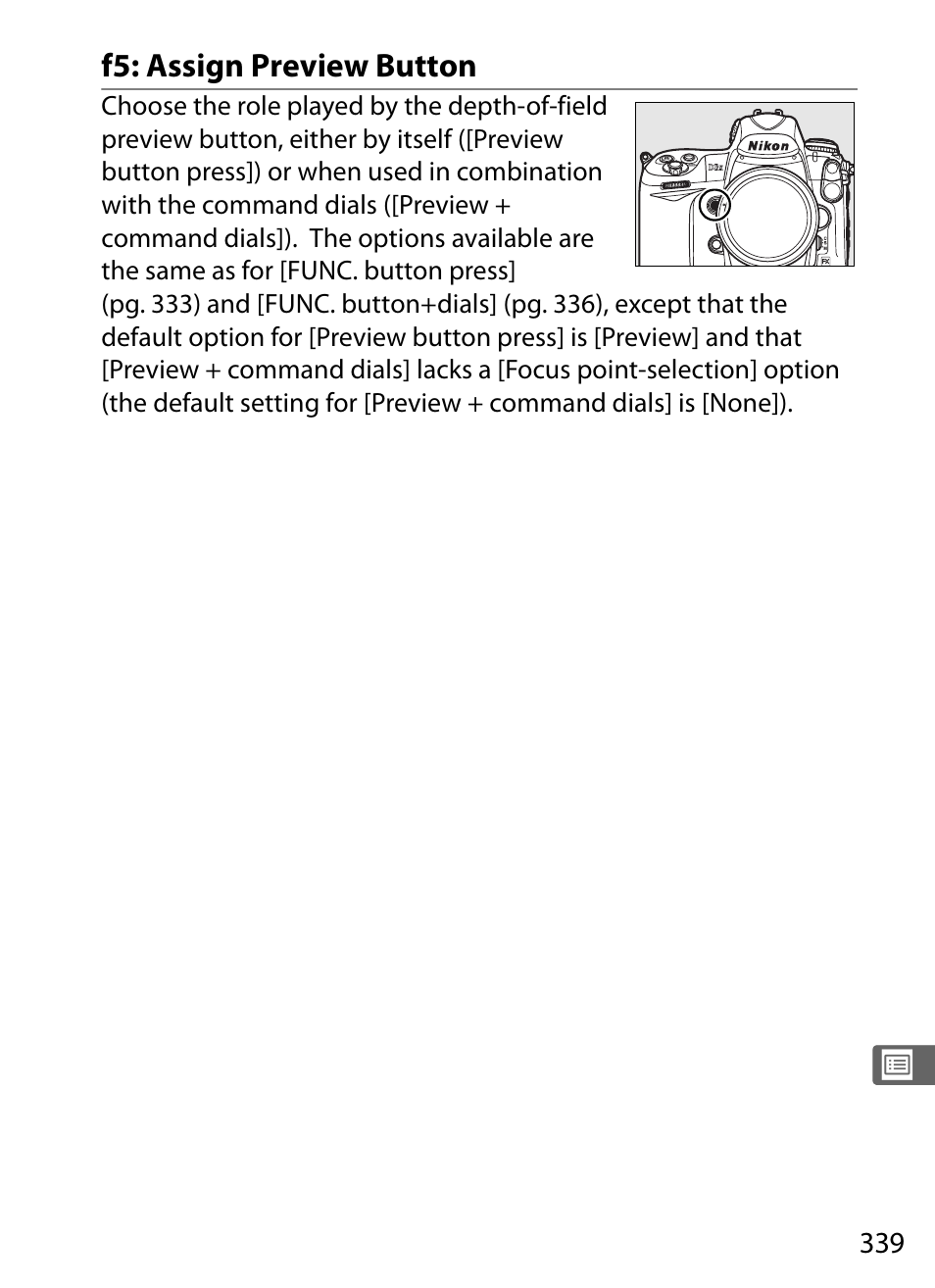 F5: assign preview button | Nikon D3X User Manual | Page 365 / 476