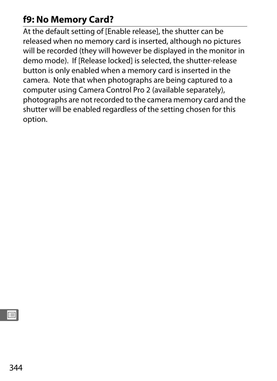 F9: no memory card | Nikon D3X User Manual | Page 370 / 476