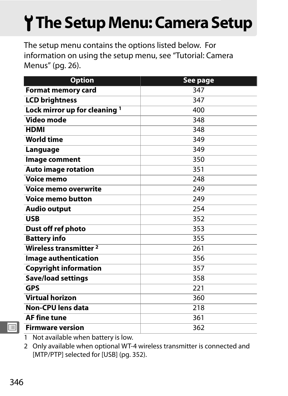 The setup menu: camera setup, B the setup menu: camera setup | Nikon D3X User Manual | Page 372 / 476