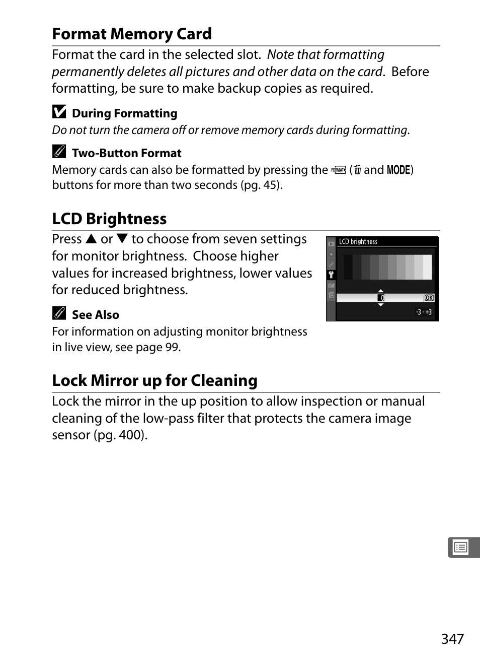 Format memory card, Lcd brightness, Lock mirror up for cleaning | Nikon D3X User Manual | Page 373 / 476