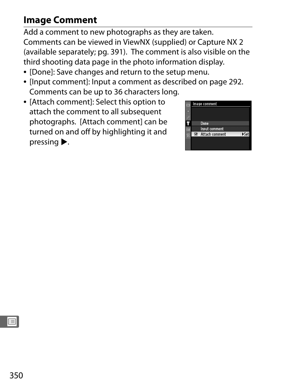 Image comment | Nikon D3X User Manual | Page 376 / 476