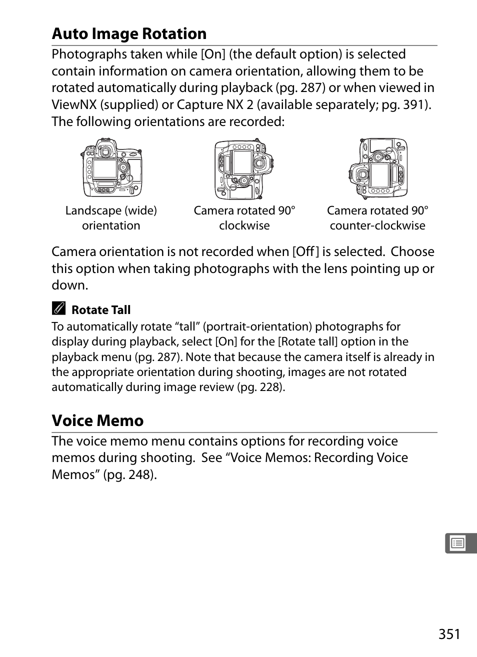 Auto image rotation, Voice memo | Nikon D3X User Manual | Page 377 / 476