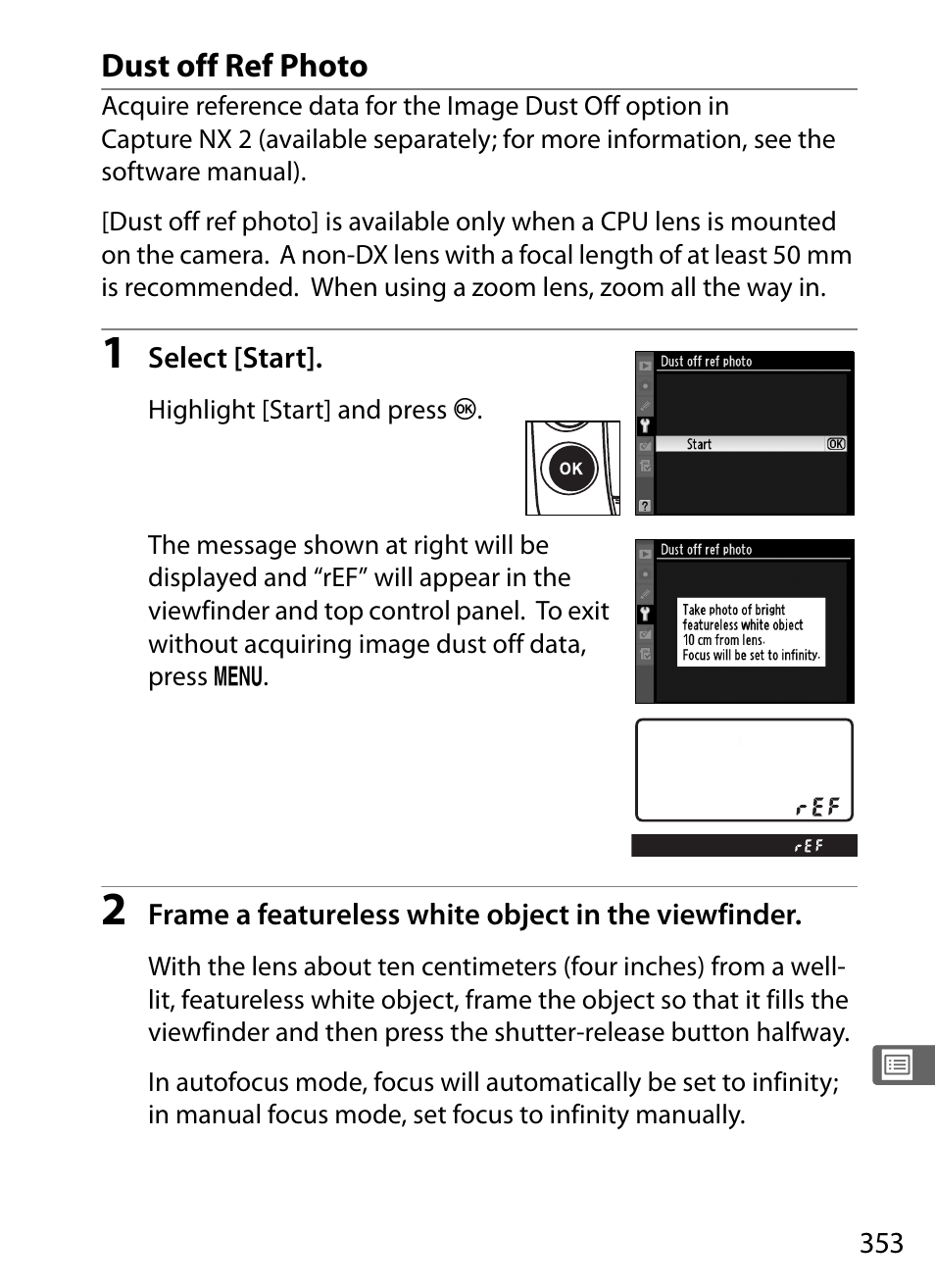 Dust off ref photo | Nikon D3X User Manual | Page 379 / 476