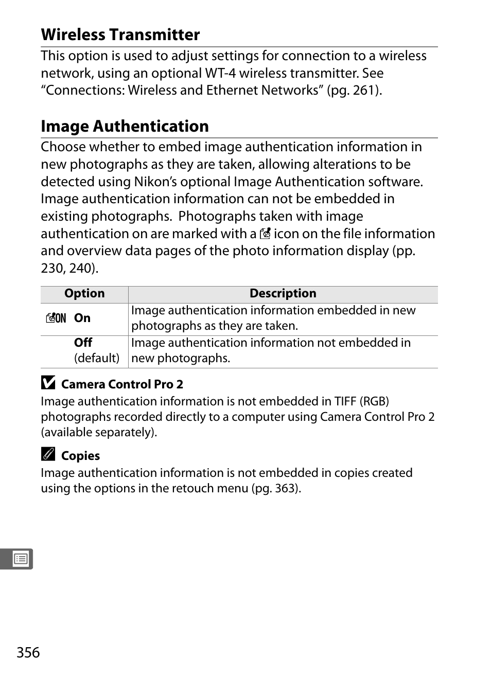 Wireless transmitter, Image authentication | Nikon D3X User Manual | Page 382 / 476