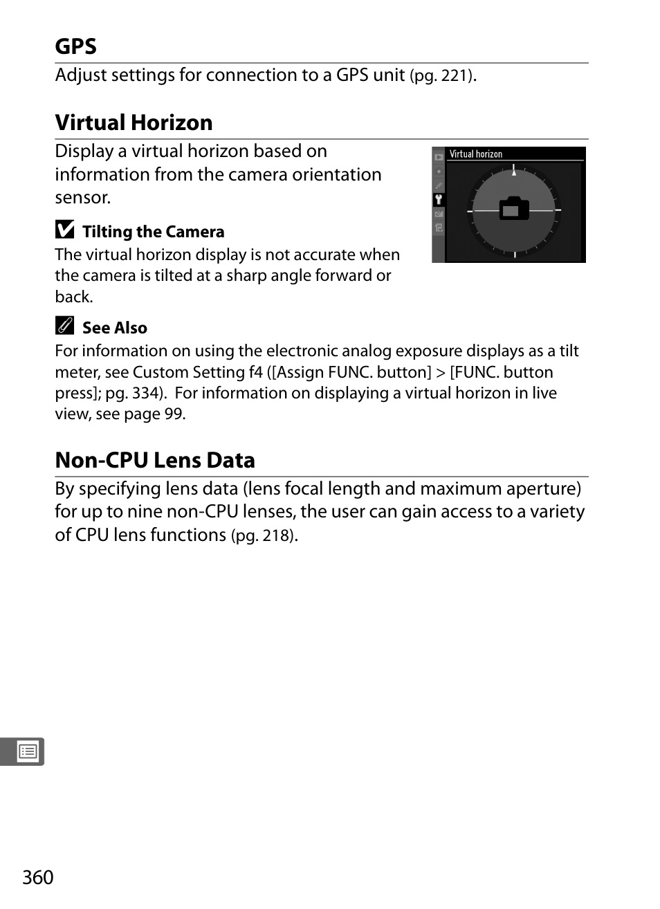 Virtual horizon, Non-cpu lens data | Nikon D3X User Manual | Page 386 / 476