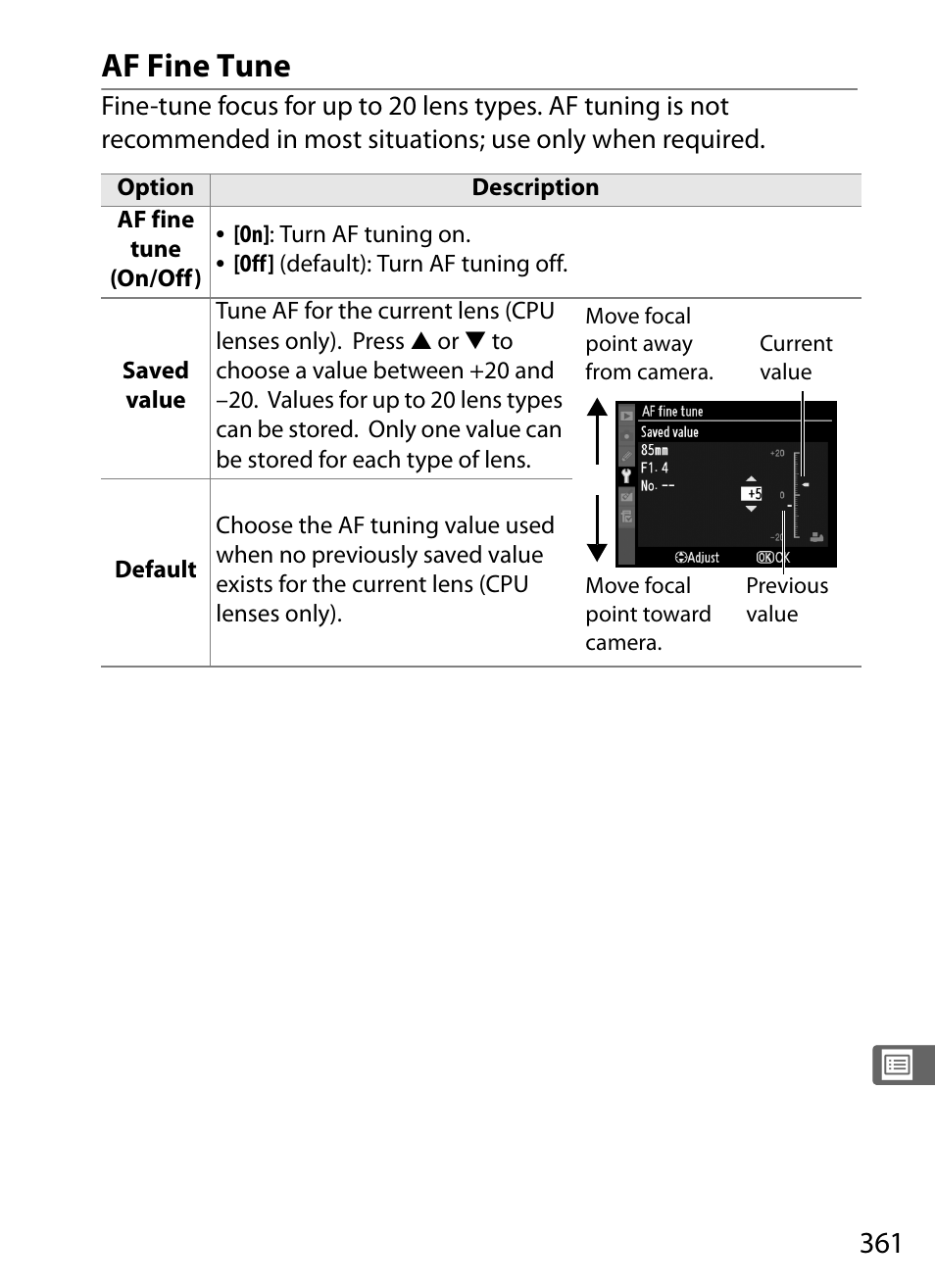 Af fine tune | Nikon D3X User Manual | Page 387 / 476