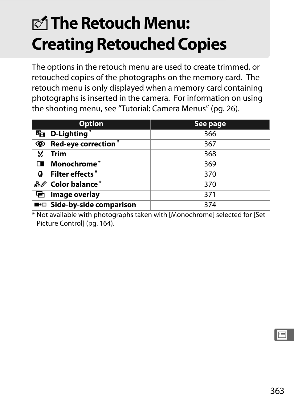 The retouch menu:creating retouched copies, N the retouch menu: creating retouched copies | Nikon D3X User Manual | Page 389 / 476