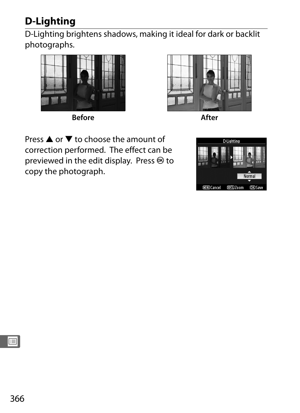 D-lighting | Nikon D3X User Manual | Page 392 / 476