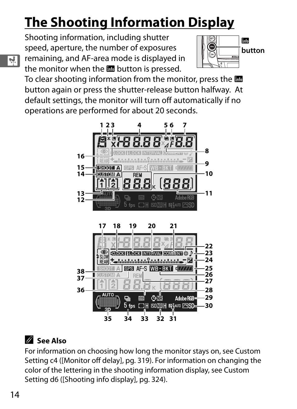 The shooting information display | Nikon D3X User Manual | Page 40 / 476