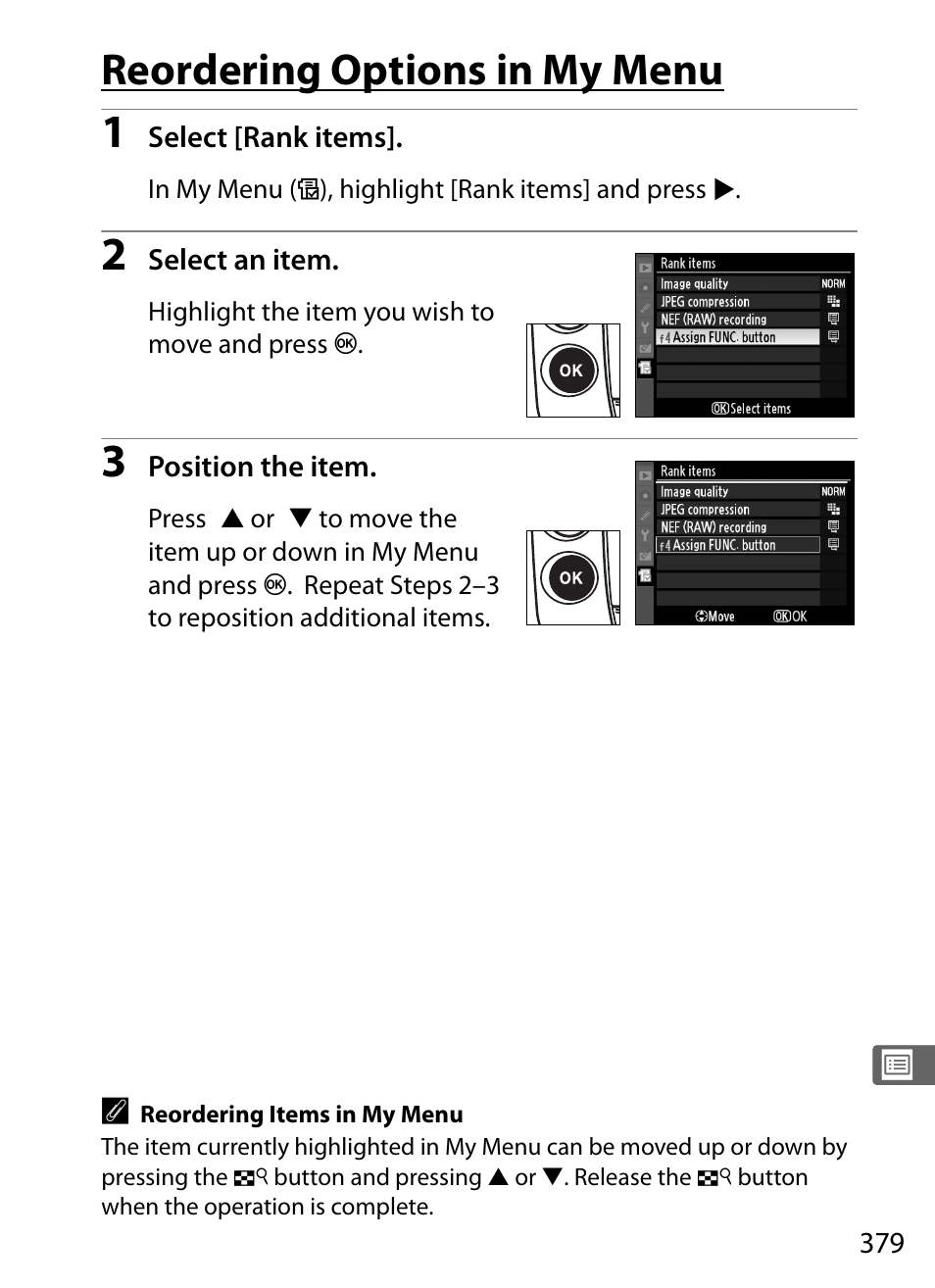 Reordering options in my menu | Nikon D3X User Manual | Page 405 / 476