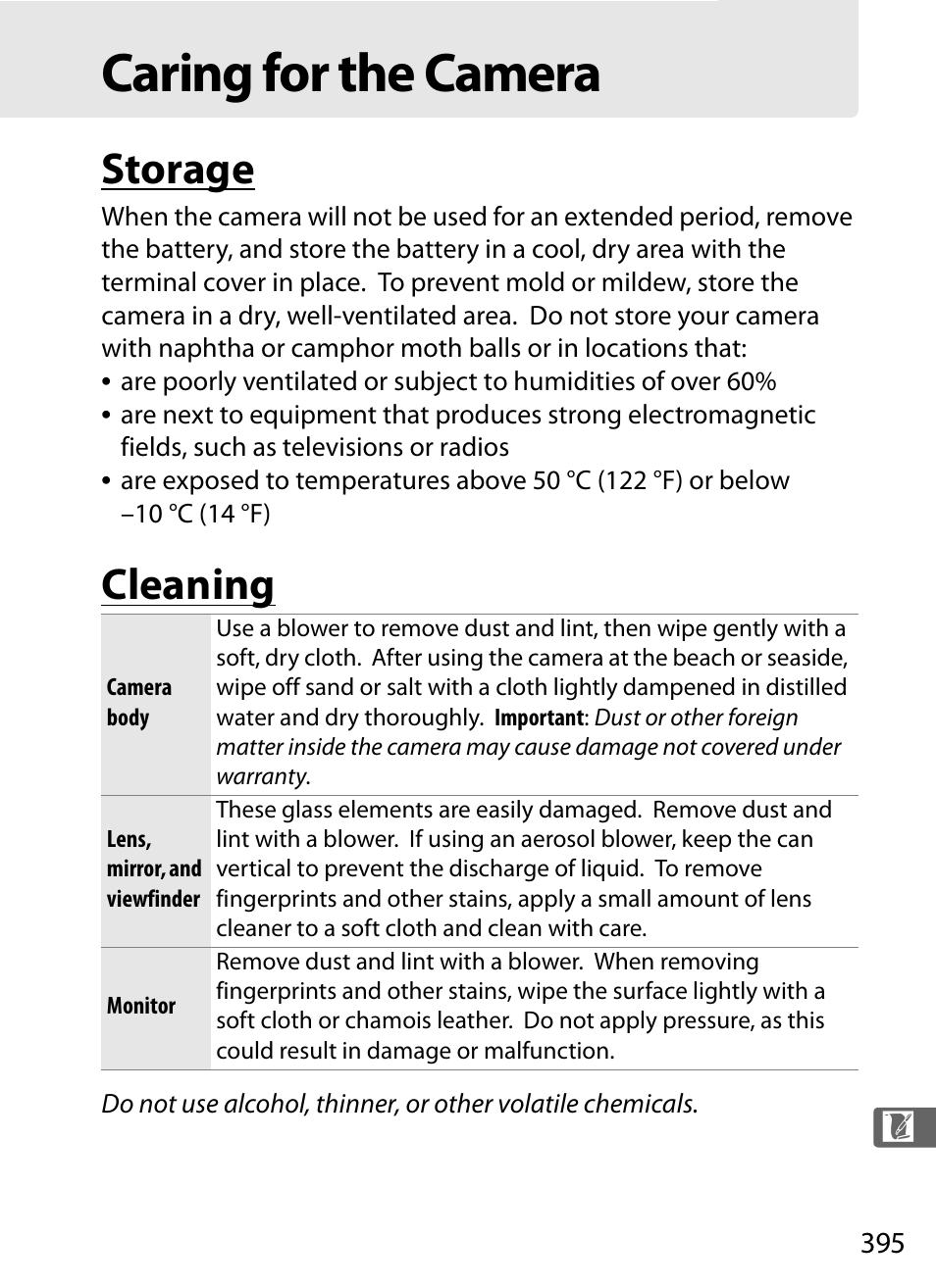 Caring for the camera, Storage, Cleaning | Nikon D3X User Manual | Page 421 / 476