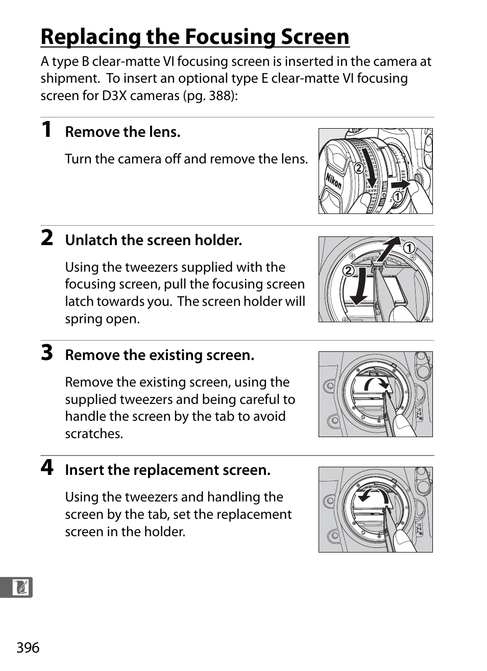 Replacing the focusing screen | Nikon D3X User Manual | Page 422 / 476