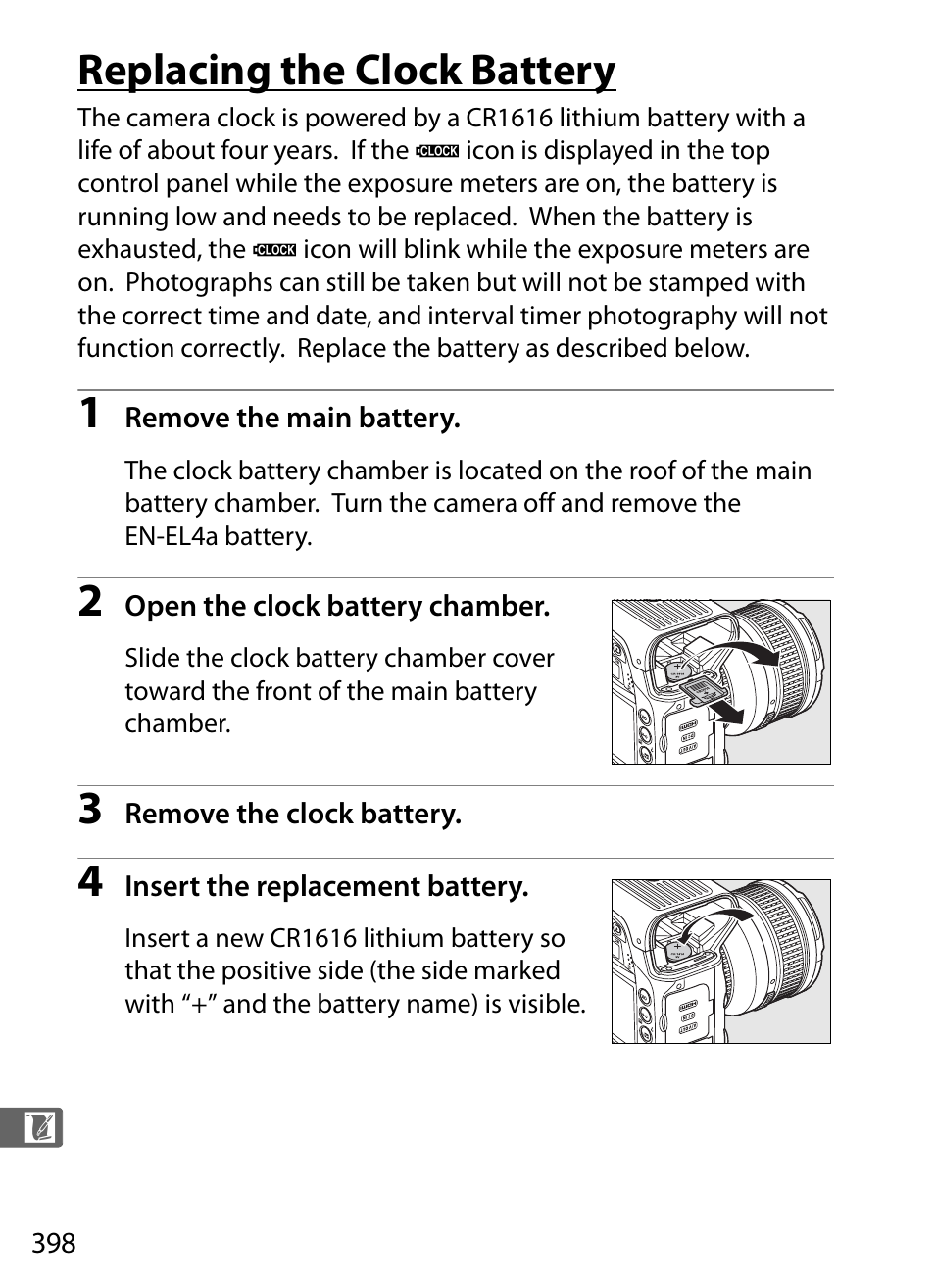 Replacing the clock battery | Nikon D3X User Manual | Page 424 / 476