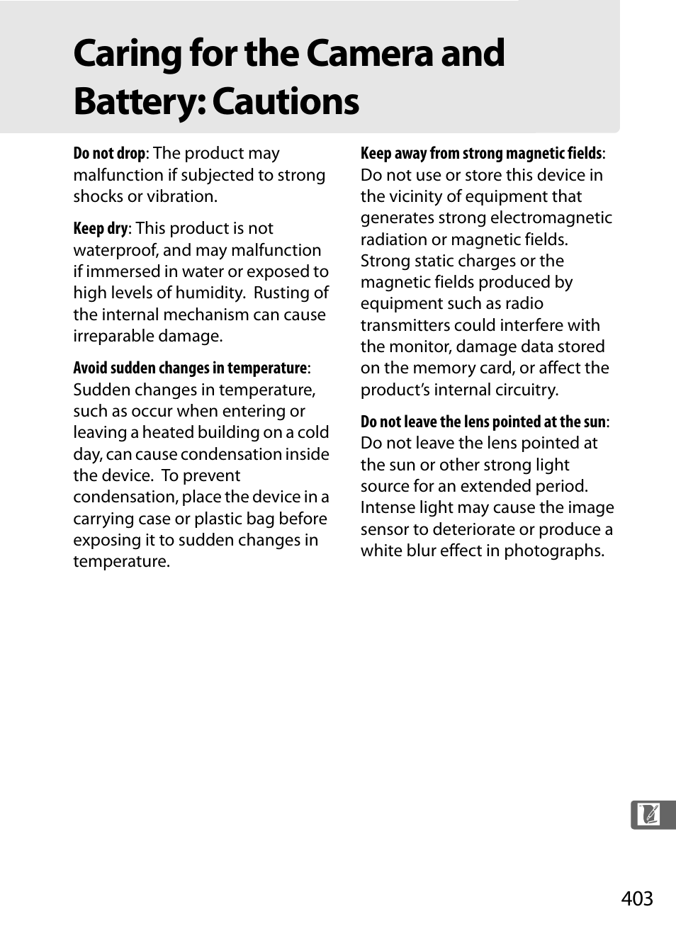 Caring for the camera andbattery: cautions, Caring for the camera and battery: cautions | Nikon D3X User Manual | Page 429 / 476