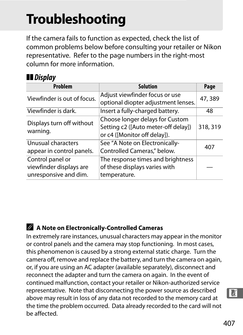 Troubleshooting, Display a | Nikon D3X User Manual | Page 433 / 476