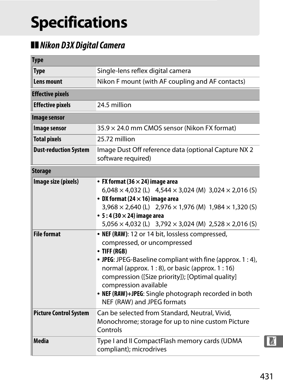 Specifications, Nikon d3x digital camera | Nikon D3X User Manual | Page 457 / 476