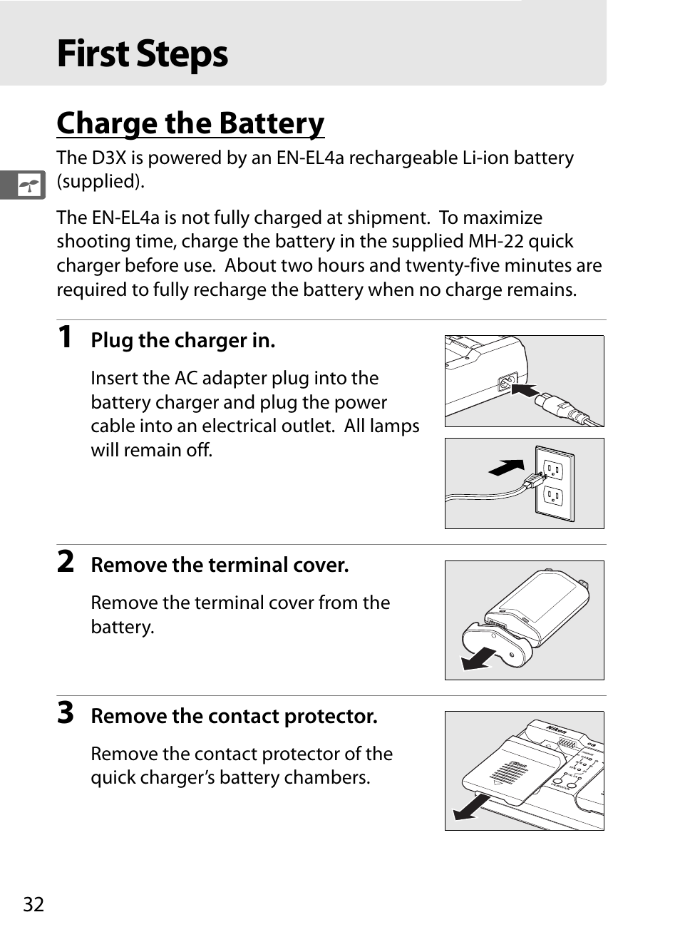 First steps, Charge the battery | Nikon D3X User Manual | Page 58 / 476