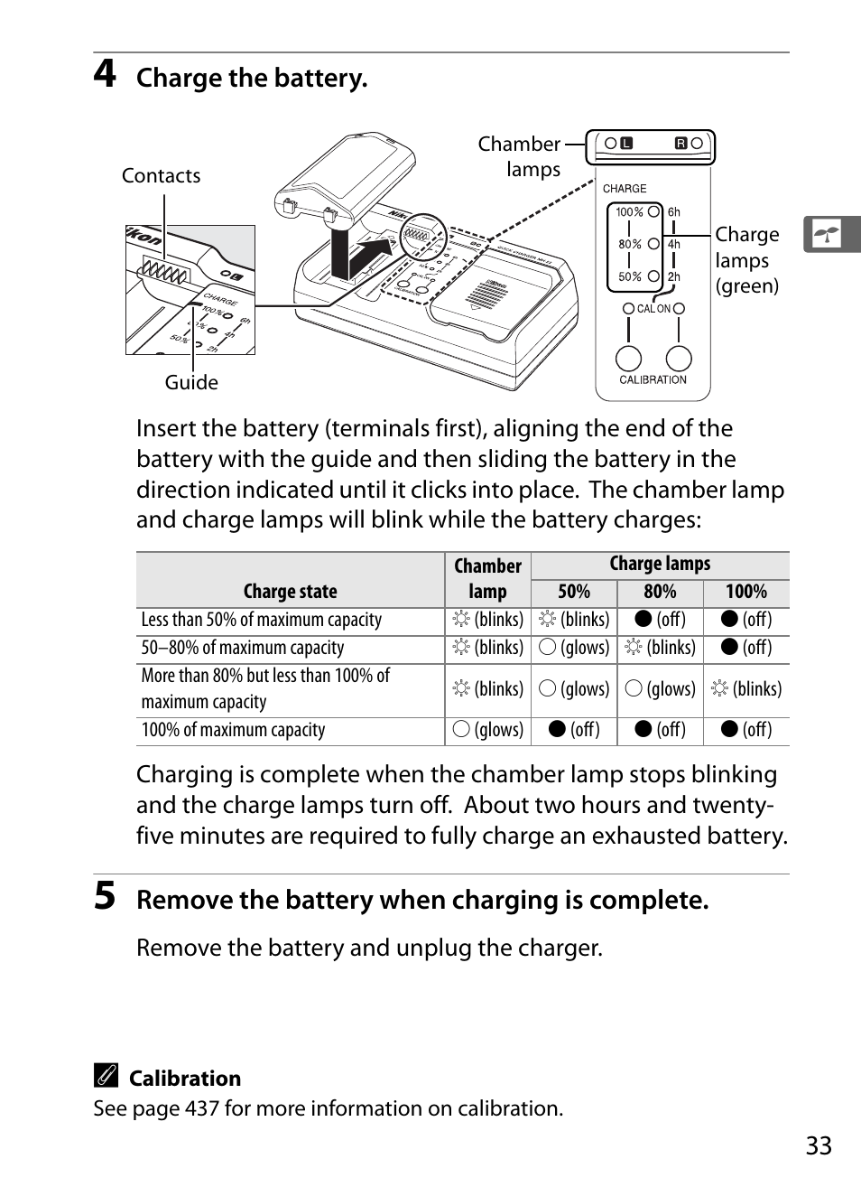 Charge the battery, Remove the battery when charging is complete | Nikon D3X User Manual | Page 59 / 476