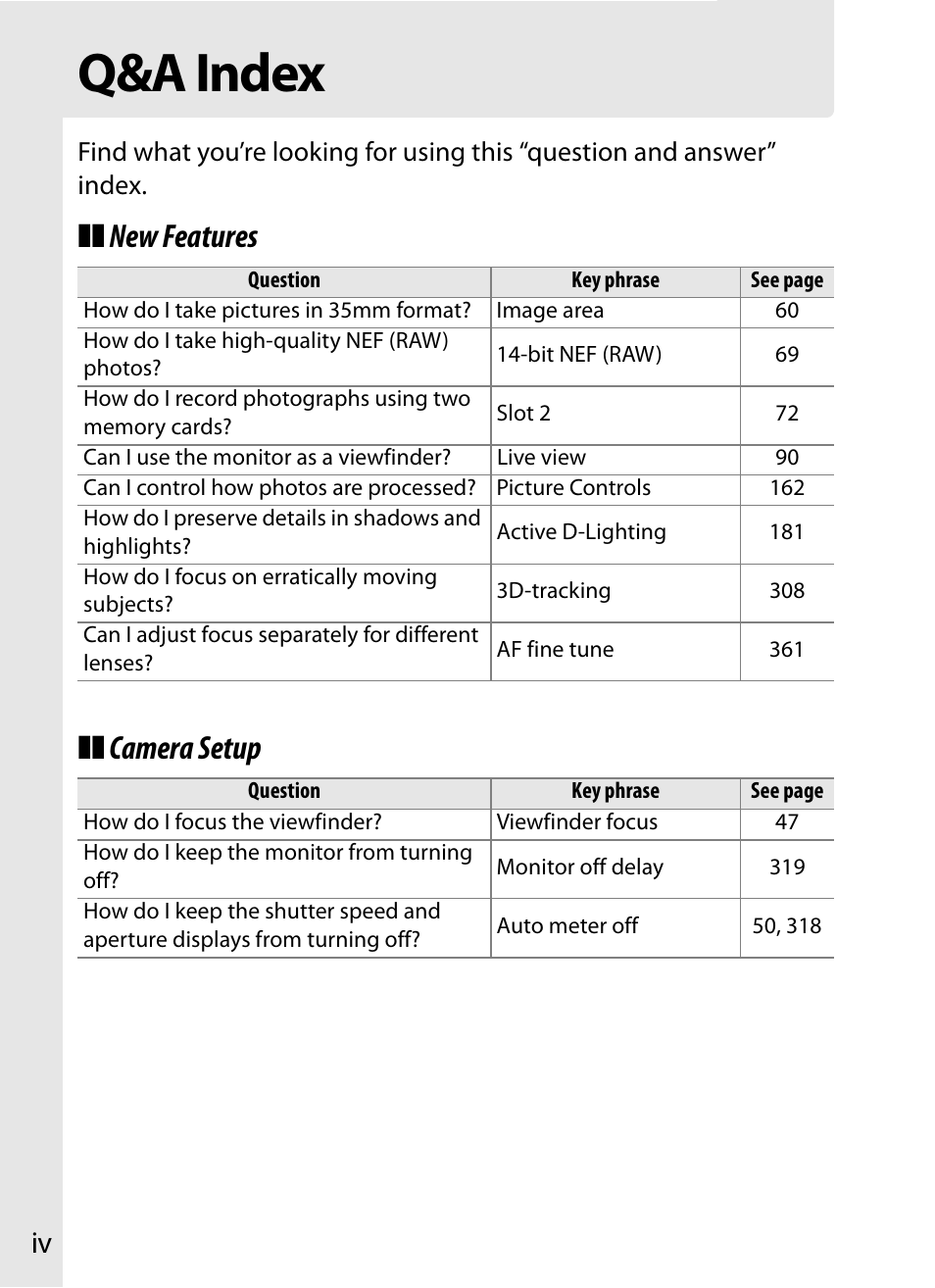 Q&a index, New features ❚❚ camera setup | Nikon D3X User Manual | Page 6 / 476