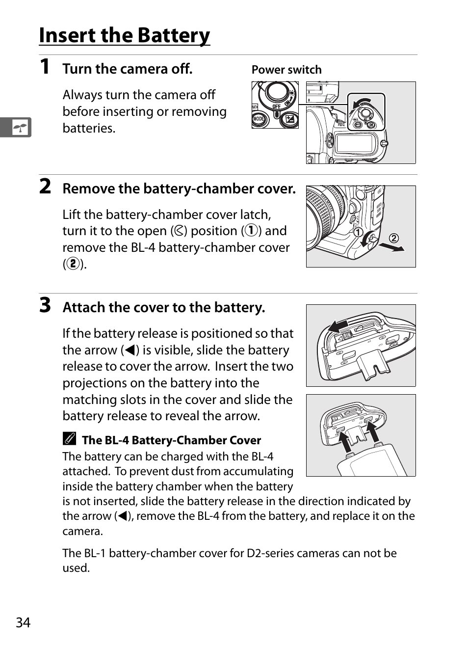 Insert the battery | Nikon D3X User Manual | Page 60 / 476