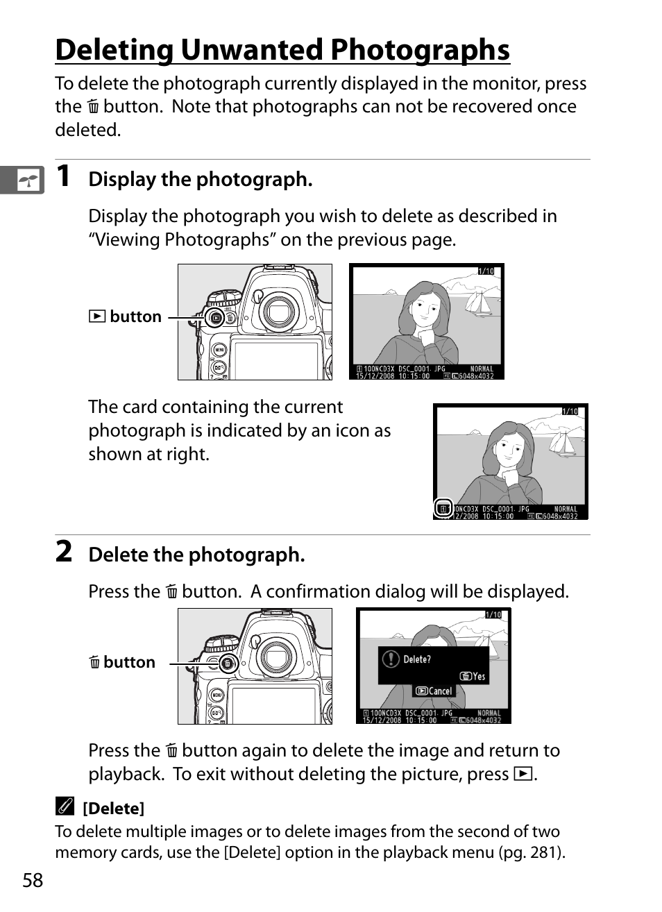 Deleting unwanted photographs | Nikon D3X User Manual | Page 84 / 476