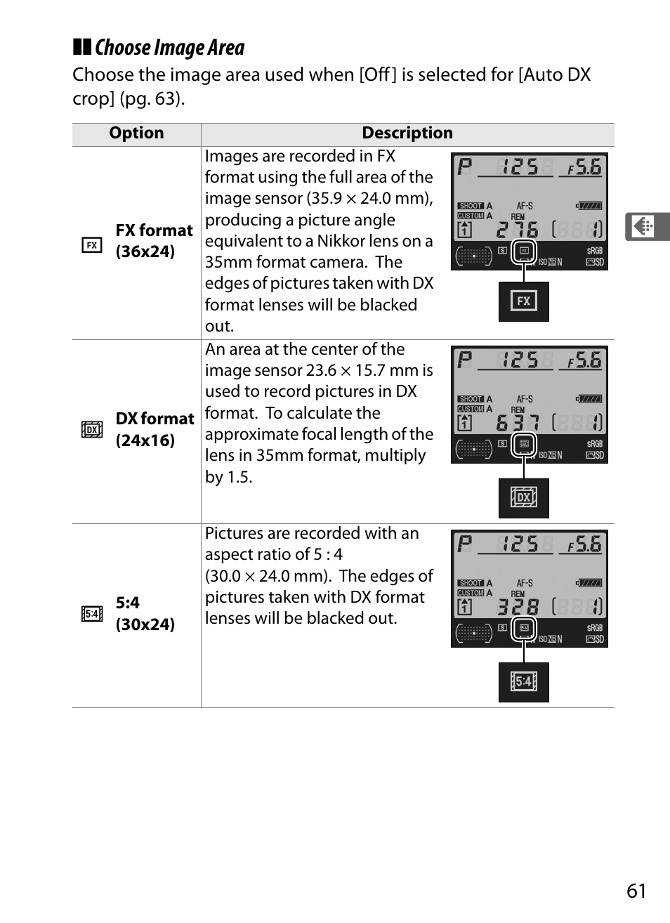 Choose image area | Nikon D3X User Manual | Page 87 / 476