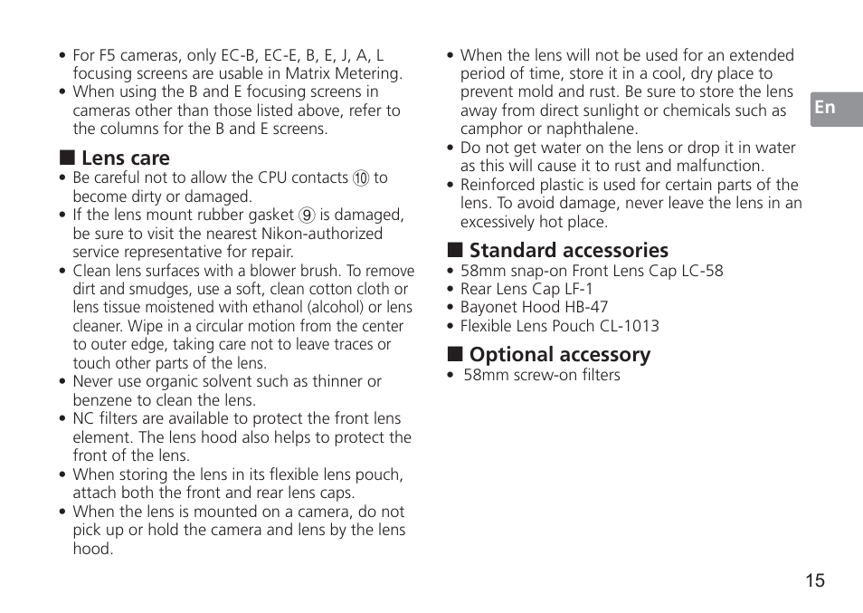 Standard accessories, Optional accessory, Lens care | Nikon AF-S 50mm f-1.4G User Manual | Page 15 / 100