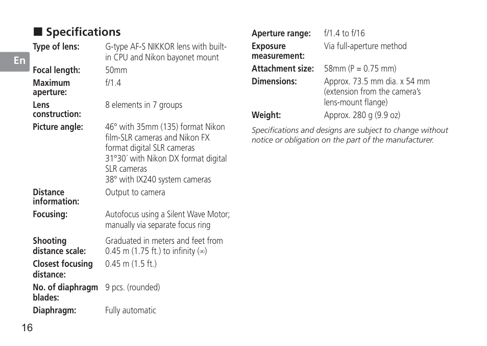 Specifications | Nikon AF-S 50mm f-1.4G User Manual | Page 16 / 100