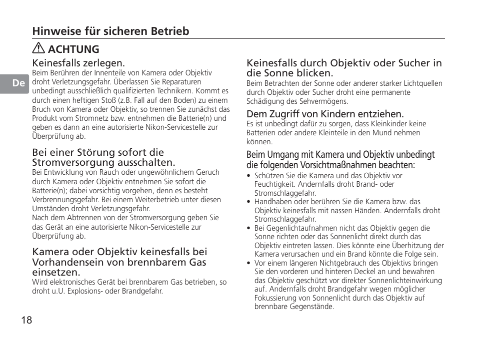 Hinweise für sicheren betrieb, Achtung | Nikon AF-S 50mm f-1.4G User Manual | Page 18 / 100