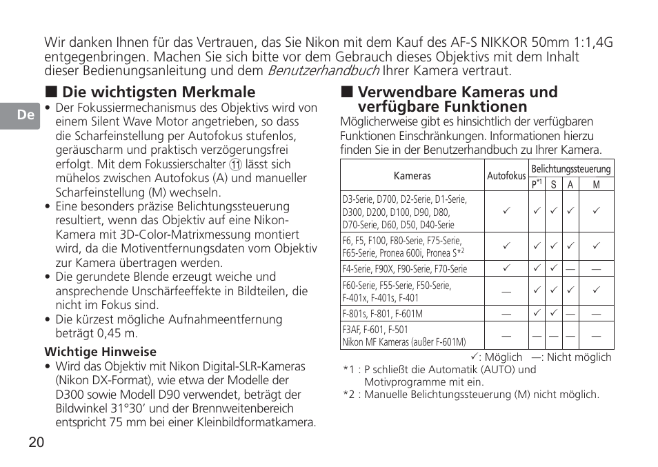 Verwendbare kameras und verfügbare funktionen, Die wichtigsten merkmale, Benutzerhandbuch | 20 de, Ihrer kamera vertraut | Nikon AF-S 50mm f-1.4G User Manual | Page 20 / 100