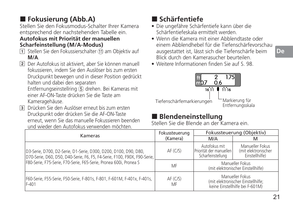 Fokusierung (abb.a), Schärfentiefe, Blendeneinstellung | Nikon AF-S 50mm f-1.4G User Manual | Page 21 / 100