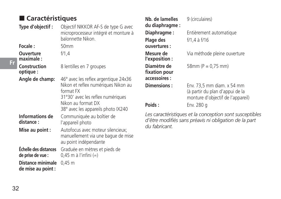 Caractéristiques | Nikon AF-S 50mm f-1.4G User Manual | Page 32 / 100