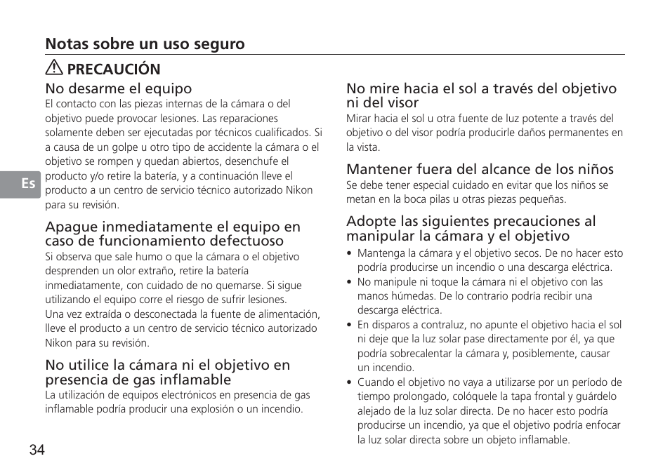 Notas sobre un uso seguro, Precaución | Nikon AF-S 50mm f-1.4G User Manual | Page 34 / 100