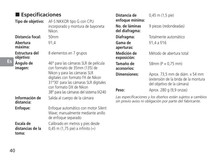 Especificaciones | Nikon AF-S 50mm f-1.4G User Manual | Page 40 / 100