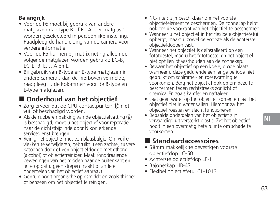 Standaardaccessoires, Onderhoud van het objectief | Nikon AF-S 50mm f-1.4G User Manual | Page 63 / 100