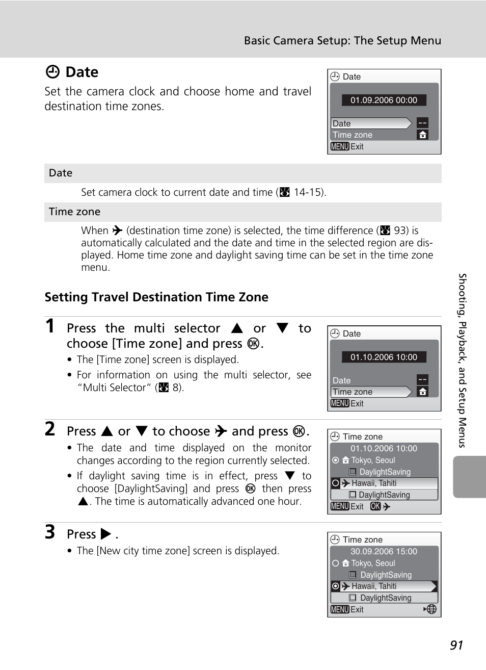 W date, Wdate, Setting travel destination time zone | Press g or h to choose y and press d, Press j | Nikon L5 User Manual | Page 103 / 136