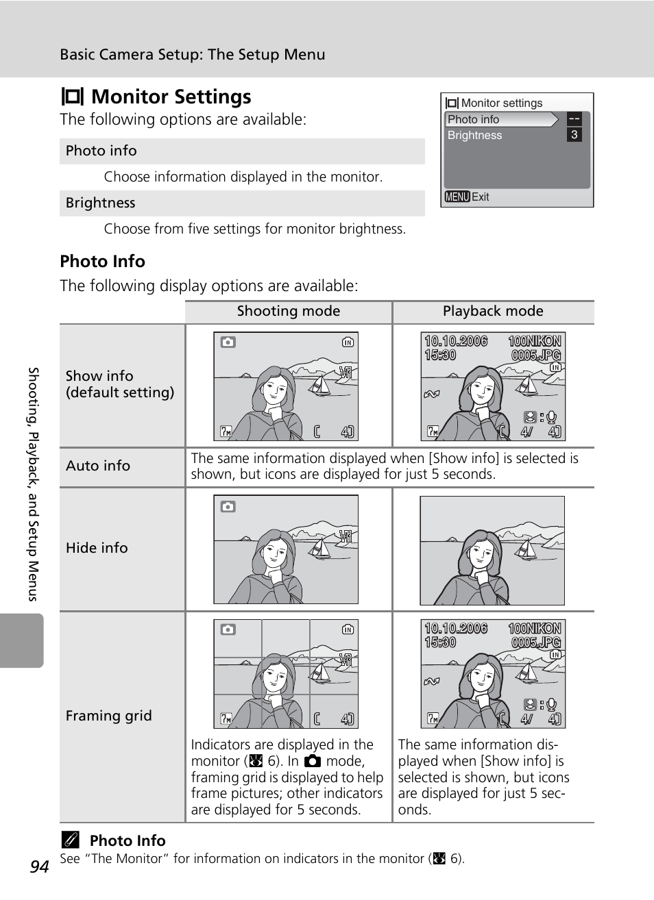 Z monitor settings, Zmonitor settings, Photo info | Nikon L5 User Manual | Page 106 / 136