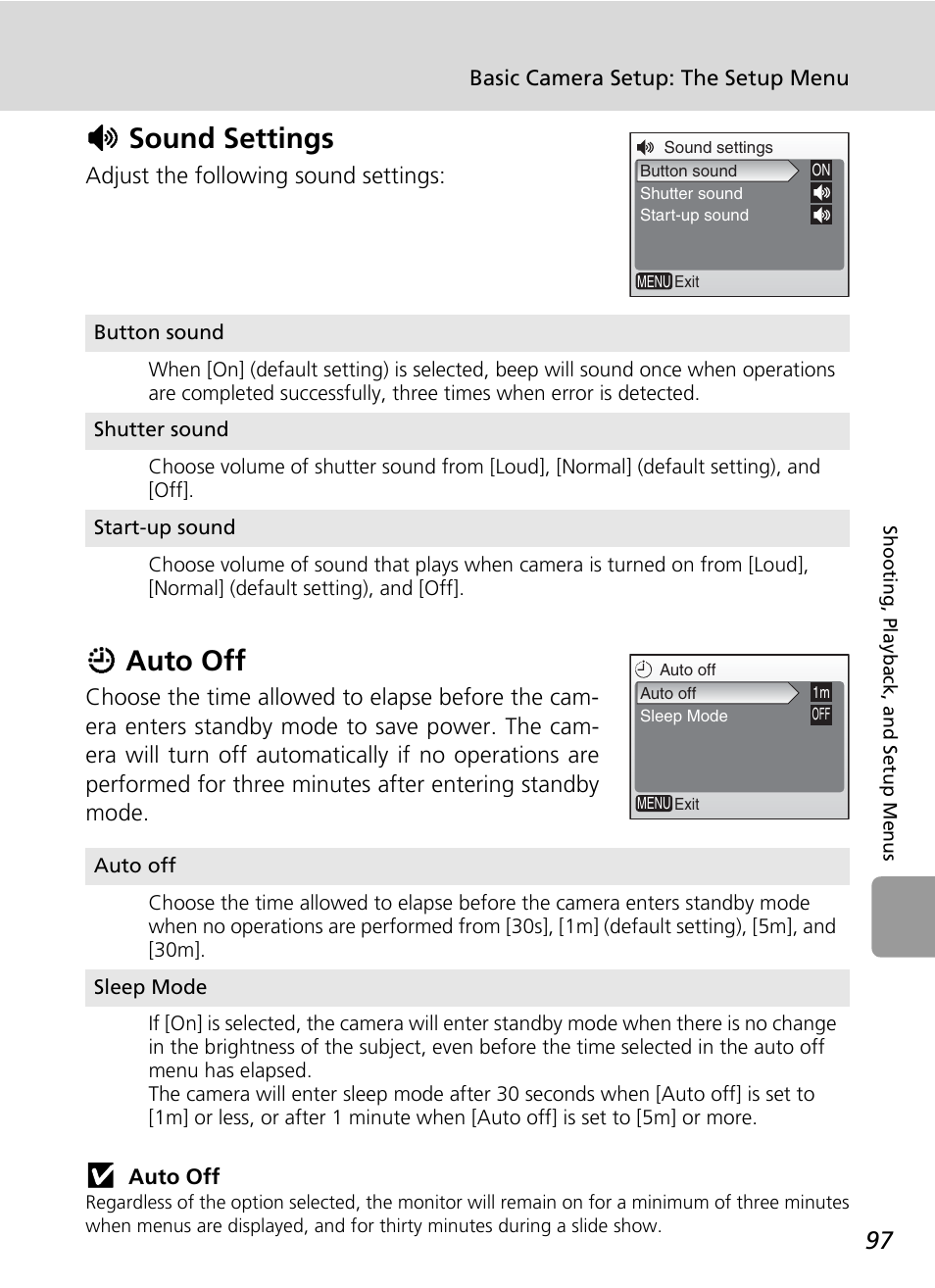 H sound settings, I auto off, To off menu (c 97) | Hsound settings, Iauto off | Nikon L5 User Manual | Page 109 / 136