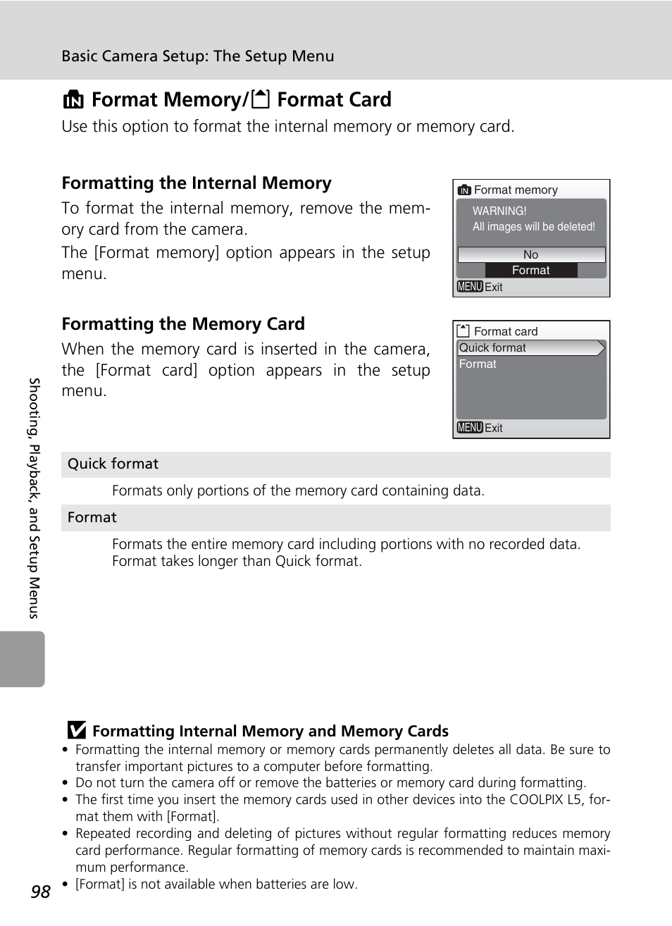 M format memory/o format card | Nikon L5 User Manual | Page 110 / 136